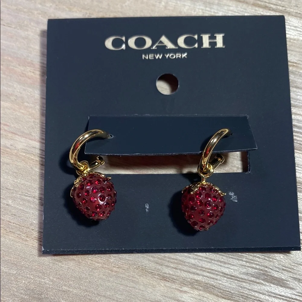 Coach Gold and Red Strawberry Charm Huggies RARE NWT - Picture 2 of 7